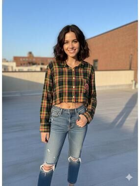 Savage X Fenty Cropped Plaid Button-Up Shirt Pocket Patch XL